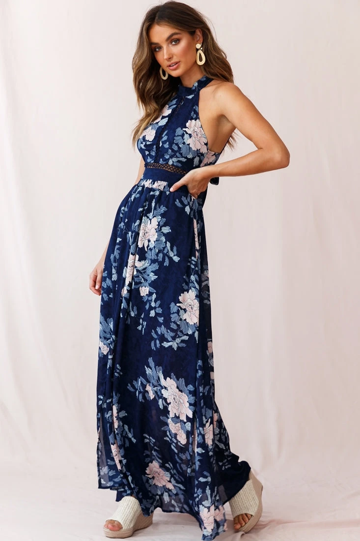 Baylor Floral Halterneck Maxi Dress Navy 2 Baylor Floral Halterneck Maxi Dress Navy - Image 2