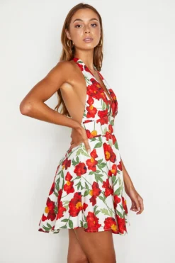 Ariana Halterneck Mini Dress Floral White/Red -Cheap Dress Store 23688BR21 20WHITE RED 5