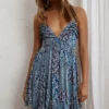 Dote On Me Frill Trim Strappy Back Dress Flower Print Navy