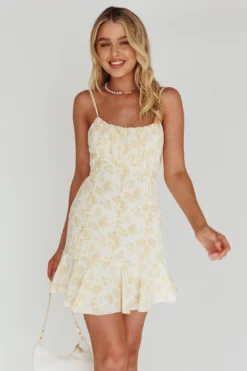 Promise Me Ruched Bust Pintuck Pleat Detail Dress Floral Yellow