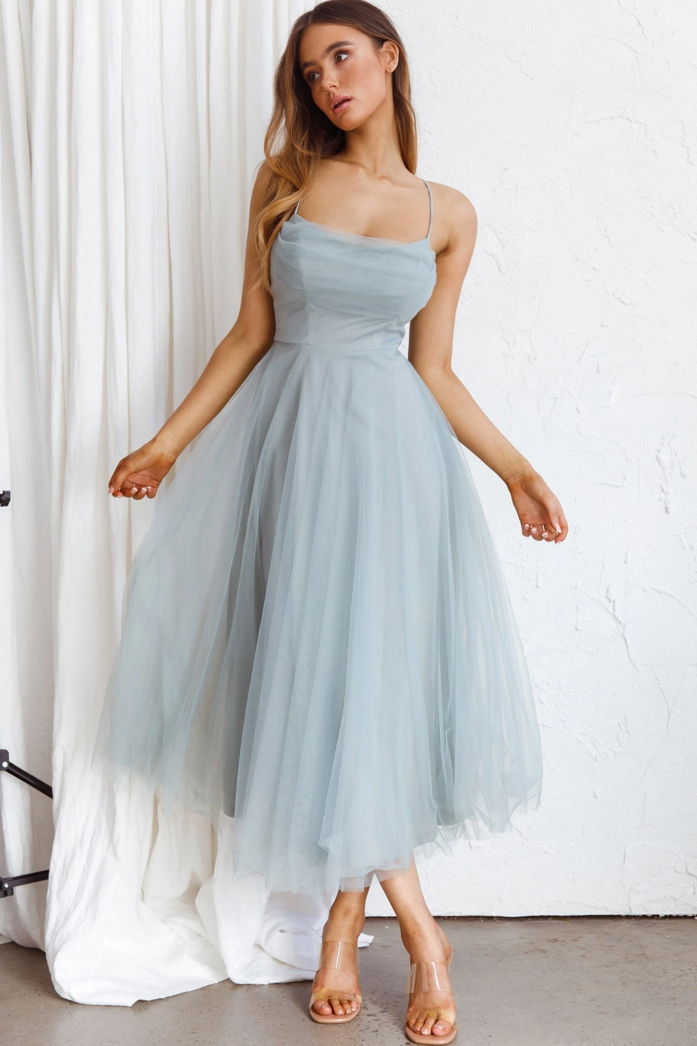 Floating By Pleated Neckline Mesh Midi Dress Sage 3 Floating By Pleated Neckline Mesh Midi Dress Sage - Image 3