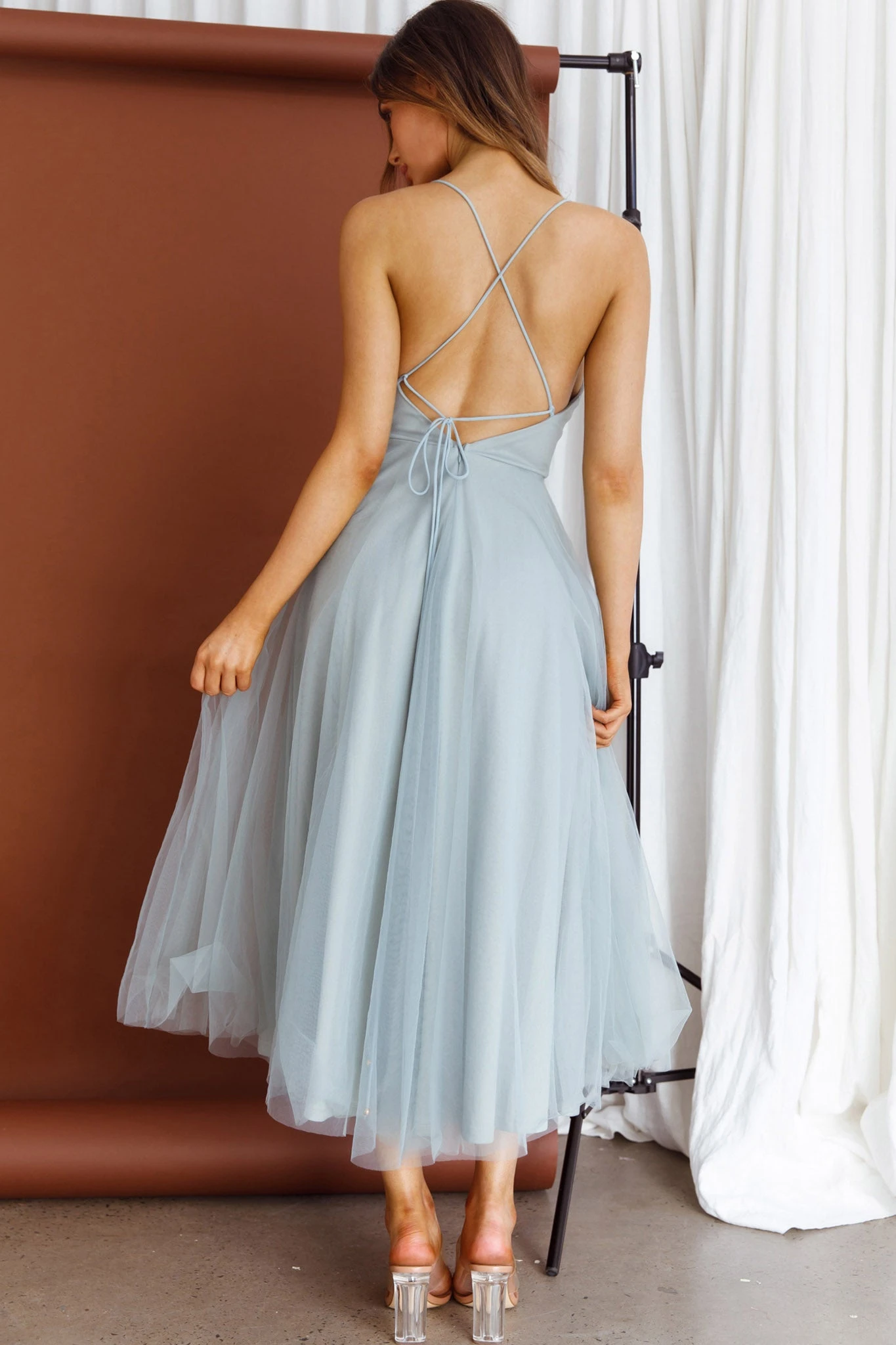 Floating By Pleated Neckline Mesh Midi Dress Sage 2 Floating By Pleated Neckline Mesh Midi Dress Sage - Image 2