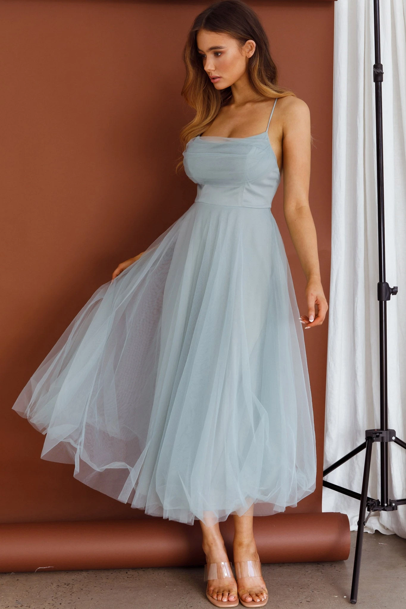 Floating By Pleated Neckline Mesh Midi Dress Sage 4 Floating By Pleated Neckline Mesh Midi Dress Sage - Image 4