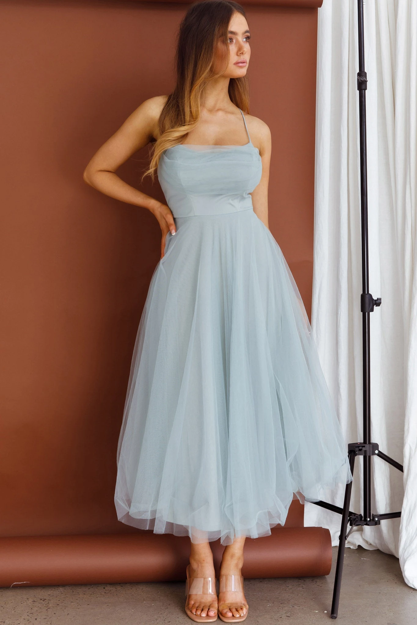 Floating By Pleated Neckline Mesh Midi Dress Sage 6 Floating By Pleated Neckline Mesh Midi Dress Sage - Image 6