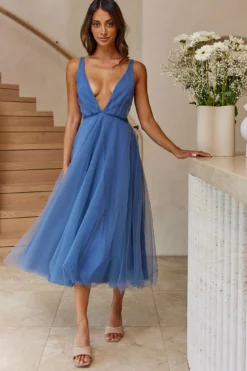 Floating By Plunging Neckline Mesh Overlay Midi Dress Steel Blue 11 Floating By Plunging Neckline Mesh Overlay Midi Dress Steel Blue -Cheap Dress Store 27460D STEEL BLUE 5