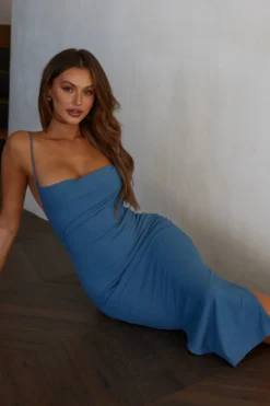 Frieda Cowl Neck Side Split Ribbed Midi Dress Midnight Blue -Cheap Dress Store 27577DMIDNIGHTBLUE 4