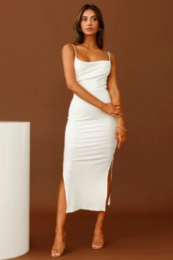 Frieda Cowl Neck Side Split Ribbed Midi Dress White -Cheap Dress Store 27577D WHITE 8