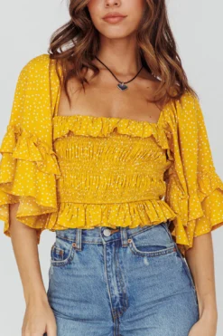 Boardwalk Bell Sleeve Crop Top Spotty Mustard -Cheap Dress Store 27583D 20MUSTARD 4