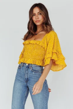Boardwalk Bell Sleeve Crop Top Spotty Mustard -Cheap Dress Store 27583D 20MUSTARD 5