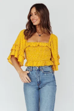 Boardwalk Bell Sleeve Crop Top Spotty Mustard -Cheap Dress Store 27583D 20MUSTARD 6