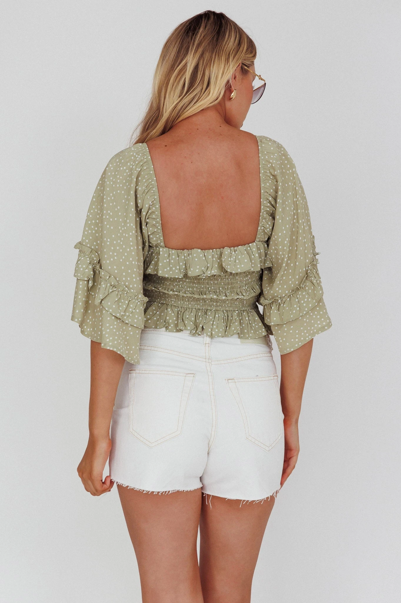 Boardwalk Bell Sleeve Crop Top Spotty Sage 2 Boardwalk Bell Sleeve Crop Top Spotty Sage - Image 2