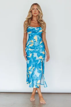 Well Versed Pleated Bust Front Split Dress Flora Blue -Cheap Dress Store 27595DM56 20BLUE 5