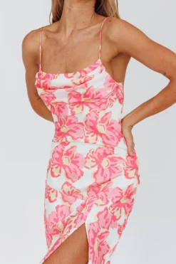 Well Versed Pleated Bust Front Split Dress Flowers Pink -Cheap Dress Store 27595DM59 20PINK 4