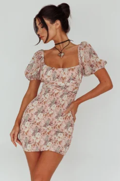 Joie Puff Sleeve Shirred Dress Floral Blush