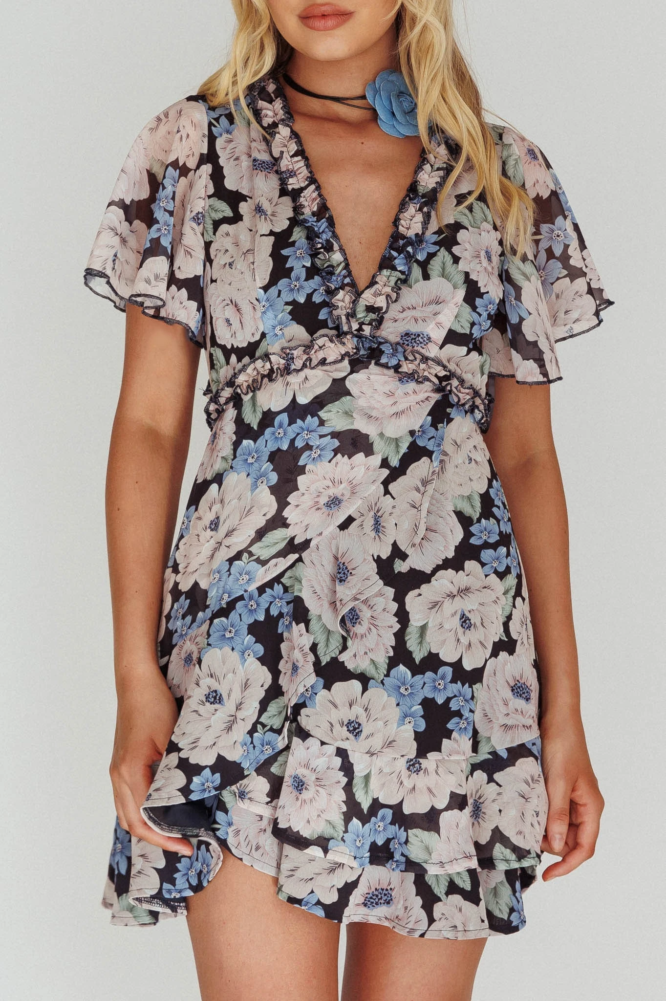 Laney Angel Sleeve Ruffle Dress Floral Blue 4 Laney Angel Sleeve Ruffle Dress Floral Blue - Image 4