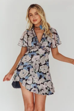 Laney Angel Sleeve Ruffle Dress Floral Blue 9 Laney Angel Sleeve Ruffle Dress Floral Blue -Cheap Dress Store 62157BS52 20BLUE 5