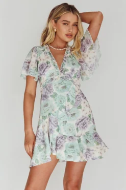 Laney Angel Sleeve Ruffle Dress Floral White -Cheap Dress Store 62157BS52 20WHITE 5