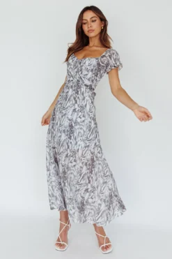 Linka Off-Shoulder Tie Back Midi Dress Printed Grey -Cheap Dress Store 62235BK31 20GREY 2