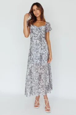 Linka Off-Shoulder Tie Back Midi Dress Printed Grey -Cheap Dress Store 62235BK31 20GREY 5