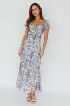 Linka Off-Shoulder Tie Back Midi Dress Printed Grey -Cheap Dress Store 62235BK31 20GREY 6