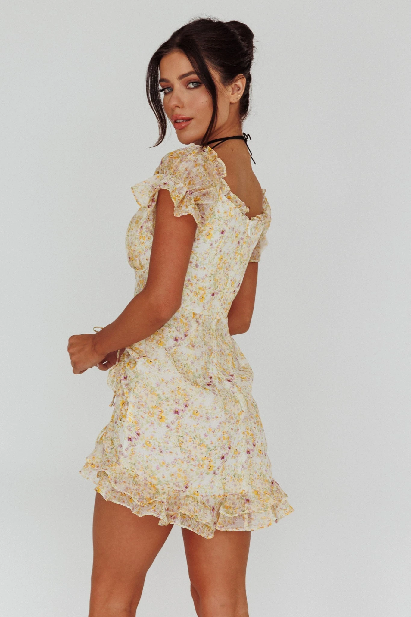 Linka Drawstring Detail Frill Dress Floral Beige 2 Linka Drawstring Detail Frill Dress Floral Beige - Image 2