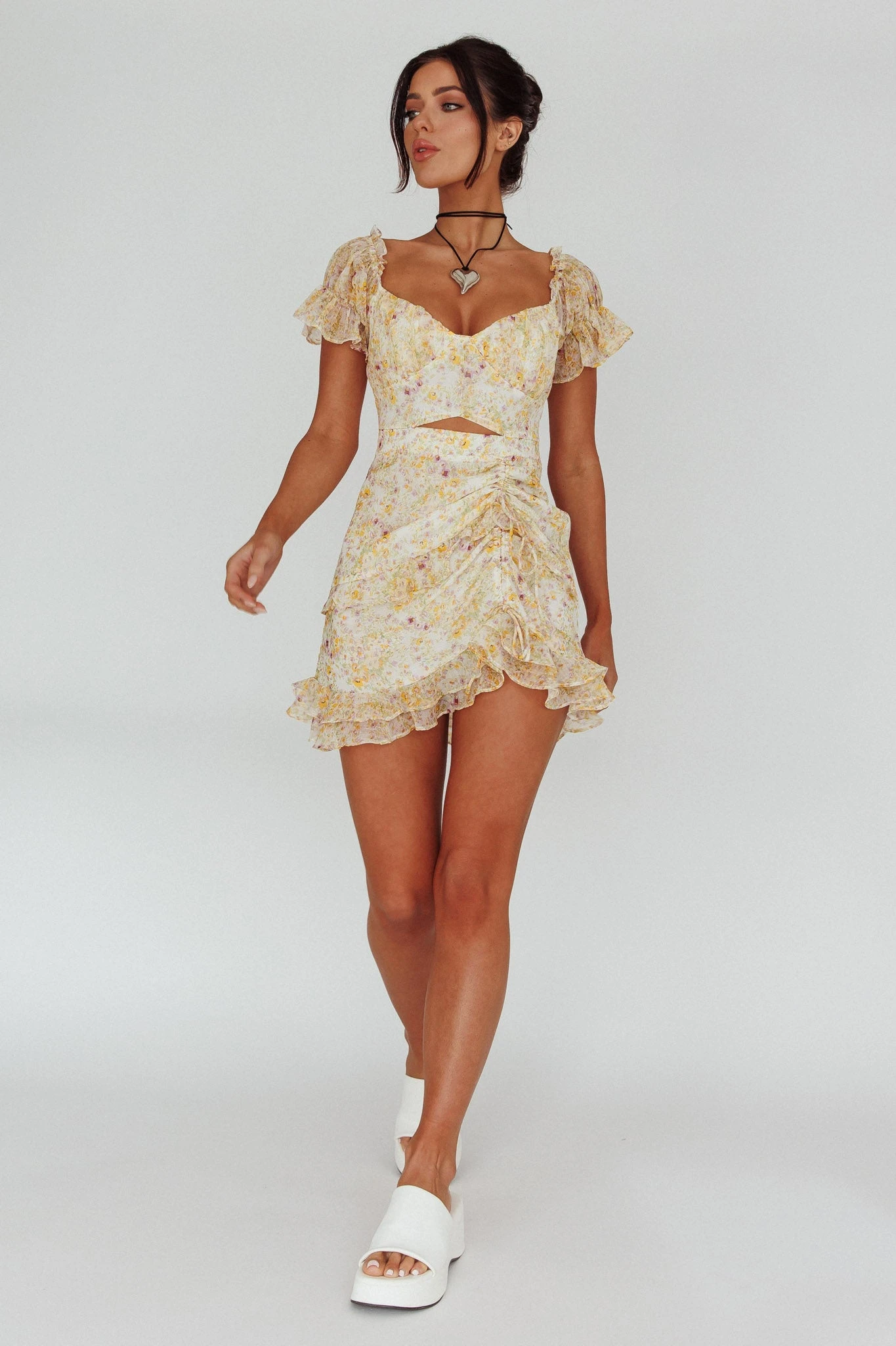 Linka Drawstring Detail Frill Dress Floral Beige 5 Linka Drawstring Detail Frill Dress Floral Beige - Image 5