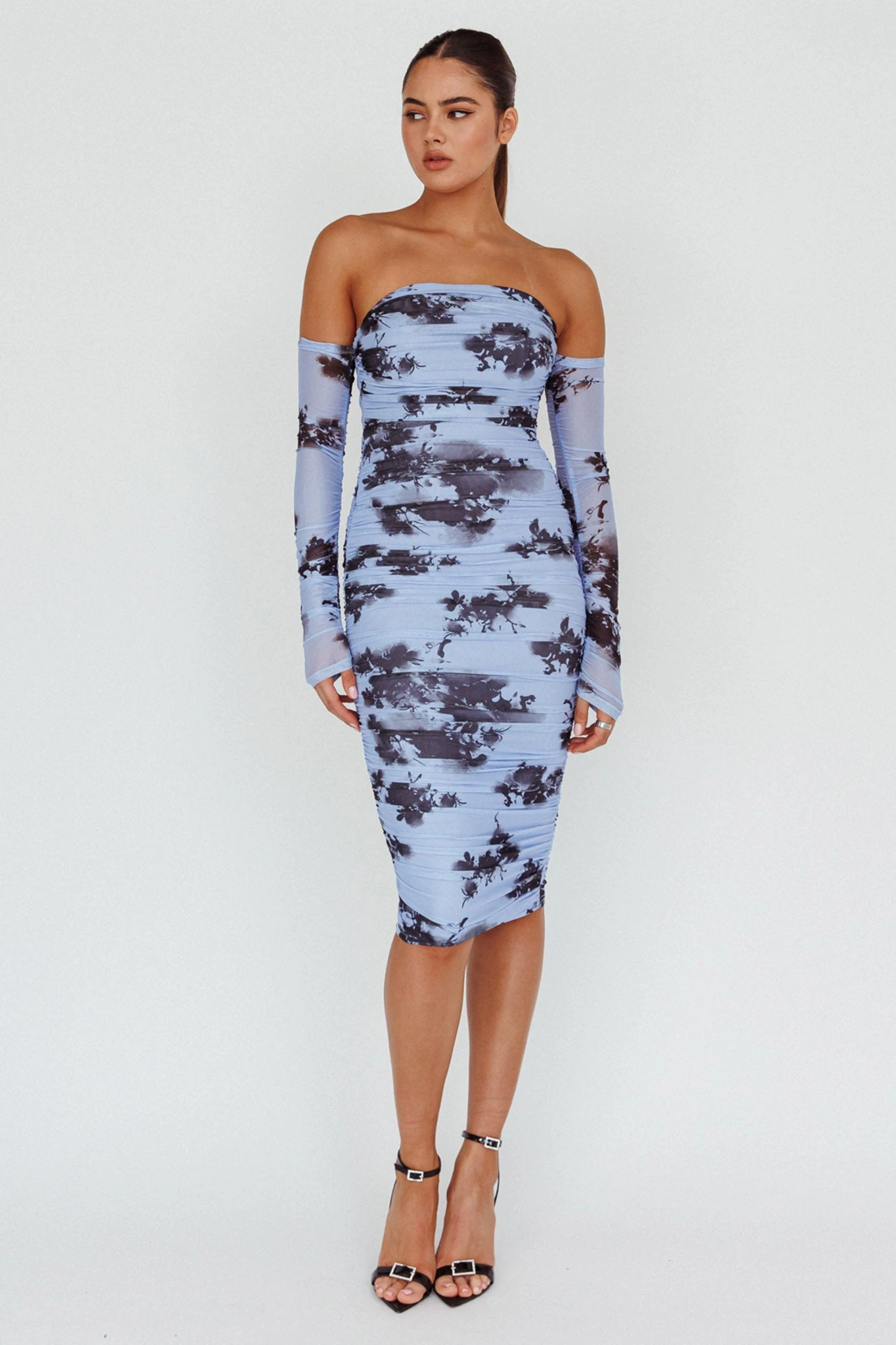 Cece Off-Shoulder Midi Dress Floral Blue 1 Cece Off-Shoulder Midi Dress Floral Blue