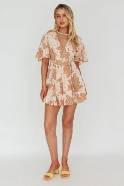 Estelle Angel Sleeve Dress Floral Brown -Cheap Dress Store 62586BS05 20BROWN 2