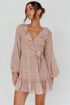 Marcheline Balloon Sleeve Waist Tie Dress Sprinkle Print Pink