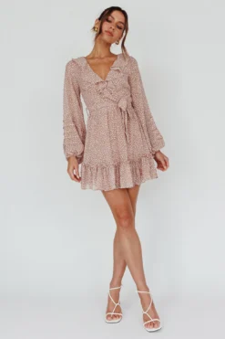 Marcheline Balloon Sleeve Waist Tie Dress Sprinkle Print Pink -Cheap Dress Store 62724B 20PINK 2