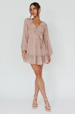 Marcheline Balloon Sleeve Waist Tie Dress Sprinkle Print Pink -Cheap Dress Store 62724B 20PINK 6