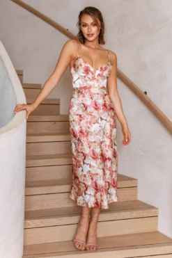 Lake Como Fitted Bodice Cami Strap Midi Dress Abstract Print Rose