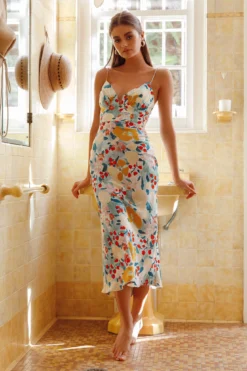 Lake Como Fitted Bodice Cami Strap Midi Dress Floral Paint Green -Cheap Dress Store 62991B12 20GREEN 2