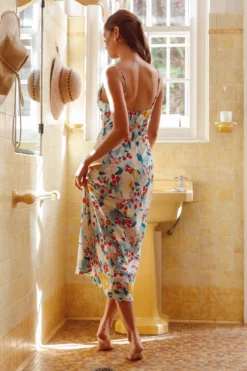 Lake Como Fitted Bodice Cami Strap Midi Dress Floral Paint Green -Cheap Dress Store 62991B12 20GREEN 5