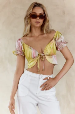 Chasing Waterfalls Double Tie Puff Sleeve Satin Crop Top Pink/Yellow -Cheap Dress Store 63084B 20PINK YELLOW 6