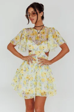 Tres Chic Flutter Sleeve Cut-Out Dress Floral Yellow -Cheap Dress Store 63395J04 20YELLOW 5