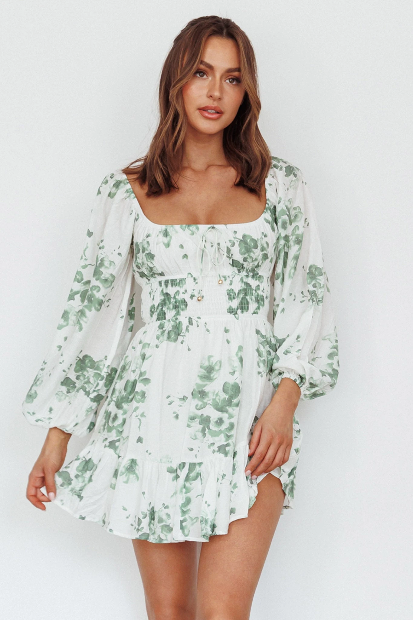 Amilie Shirred Long Sleeve Dress Floral White/Olive 1 Amilie Shirred Long Sleeve Dress Floral White/Olive
