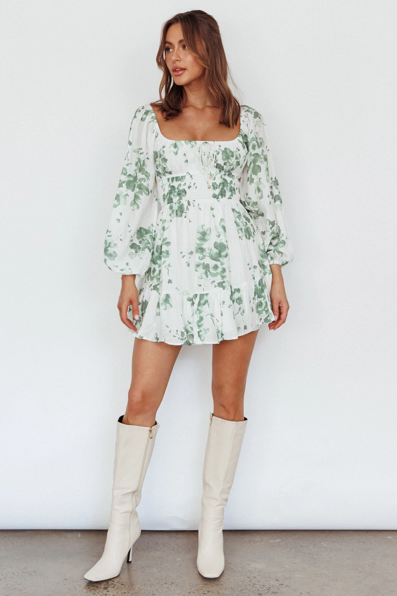 Amilie Shirred Long Sleeve Dress Floral White/Olive 2 Amilie Shirred Long Sleeve Dress Floral White/Olive - Image 2