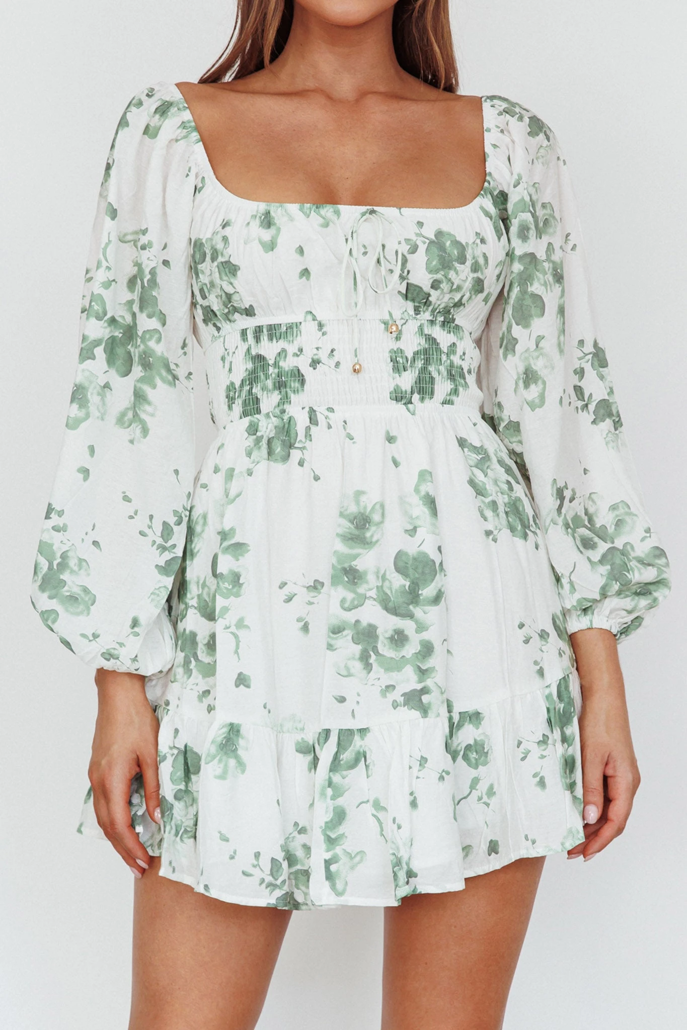 Amilie Shirred Long Sleeve Dress Floral White/Olive 4 Amilie Shirred Long Sleeve Dress Floral White/Olive - Image 4