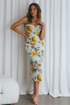 Sunday Bliss Tie-Up Back Cowl Neck Midi Dress Floral Yellow -Cheap Dress Store 63489J11 20YELLOW 6
