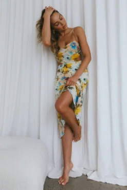 Sunday Bliss Tie-Up Back Cowl Neck Midi Dress Floral Yellow -Cheap Dress Store 63489J11 20YELLOW 8