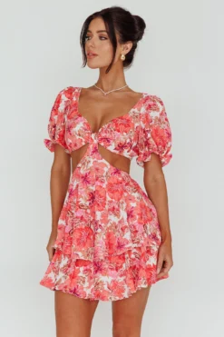Orianthi Cut-Out Waist Mini Dress Floral Pink -Cheap Dress Store 63515B 20PINK 5