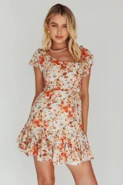 Diandre Godet Hem Mini Dress Floral Orange -Cheap Dress Store 63603J 20ORANGE 6