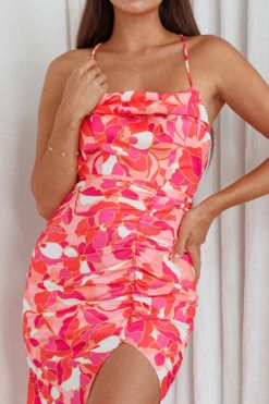 Klara Thigh Split Midi Dress Print Red -Cheap Dress Store 63667B01 20RED 4