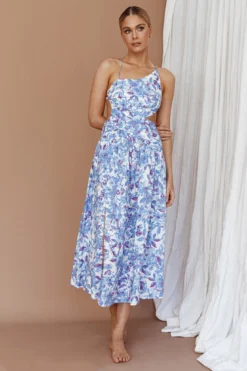 Destination Open Back Midi Dress Floral Blue -Cheap Dress Store 63749D01 20BLUE 2