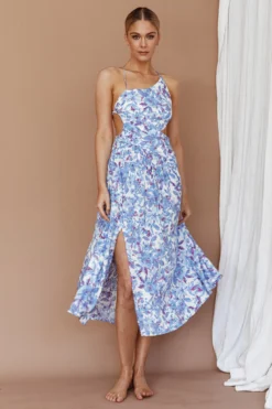 Destination Open Back Midi Dress Floral Blue -Cheap Dress Store 63749D01 20BLUE 5