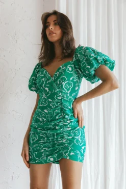 Iseo Puff Sleeve Mini Dress Print Green -Cheap Dress Store 63855D 20GREEN 5
