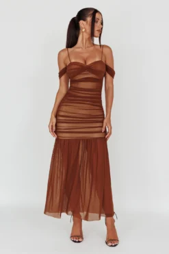 La Salle Ruched Mesh Maxi Dress Chocolate 10 La Salle Ruched Mesh Maxi Dress Chocolate -Cheap Dress Store 64193H 20CHOCOLATE 2