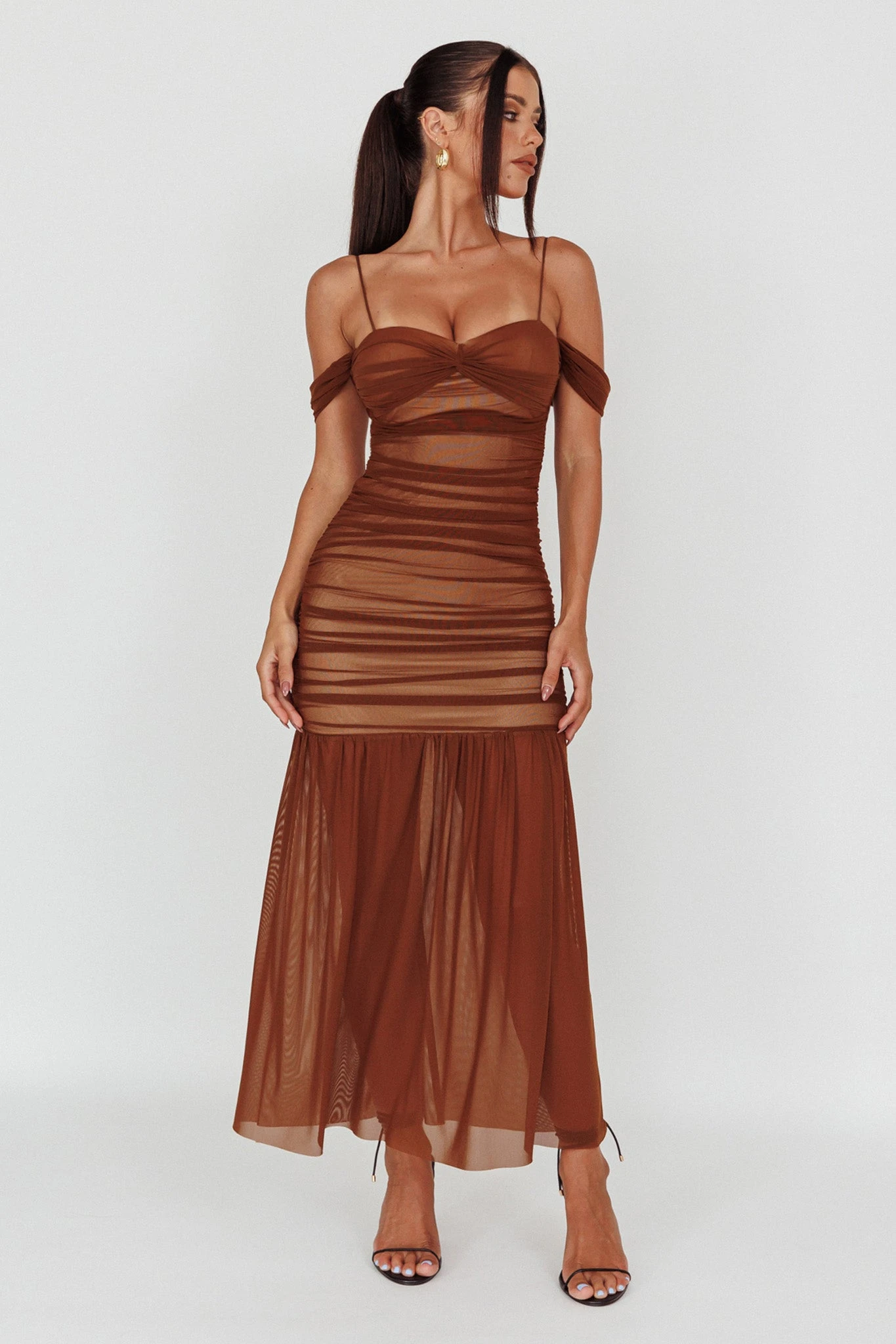 La Salle Ruched Mesh Maxi Dress Chocolate 3 La Salle Ruched Mesh Maxi Dress Chocolate - Image 3