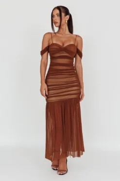 La Salle Ruched Mesh Maxi Dress Chocolate 13 La Salle Ruched Mesh Maxi Dress Chocolate -Cheap Dress Store 64193H 20CHOCOLATE 6